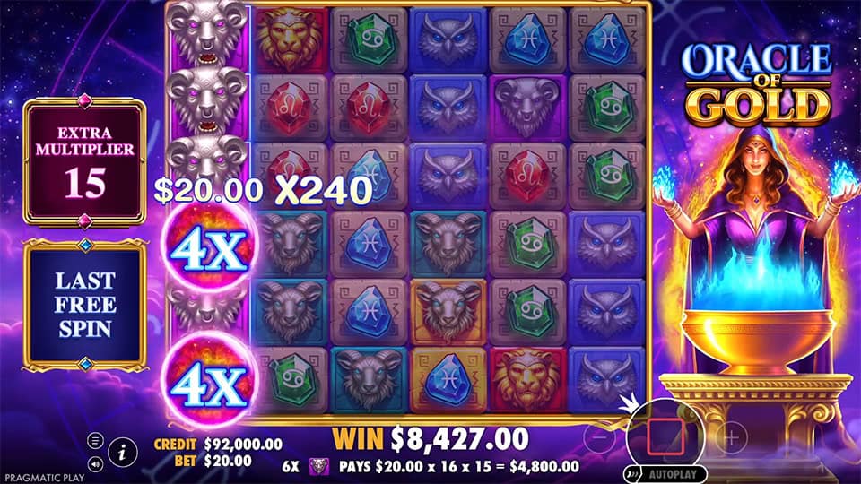Oracle of Gold free spins round with x4 wild multipliers, a 15x extra multiplier and stacked winning symbols.