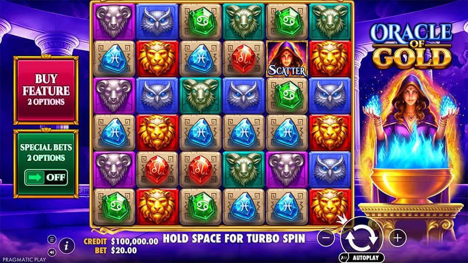 Oracle of Gold reels filled with zodiac symbols, animals, a hooded scatter and a glowing oracle on the side.