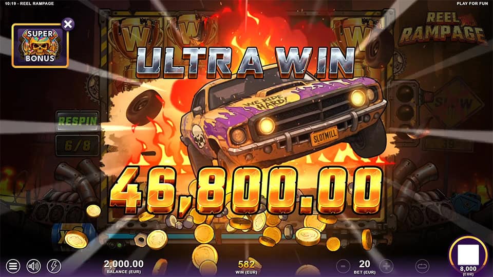 Massive win screen showing a flaming muscle car crashing through with “ULTRA WIN” text and coins flying across the screen.