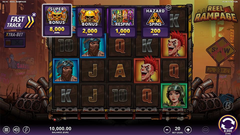 Fast Track feature menu showing buy options for Hazard Spins, Respins, Bonusand Super Bonus with displayed costs.