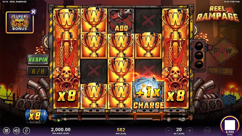 Gameplay during respins with trophy Wilds filling the reels, multipliers shown on the sidesand extra charge boosters.