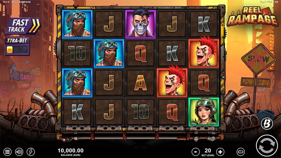 Base game reels with gritty street-gang characters, card symbolsand the Reel Rampage logo in a post-apocalyptic city setting.