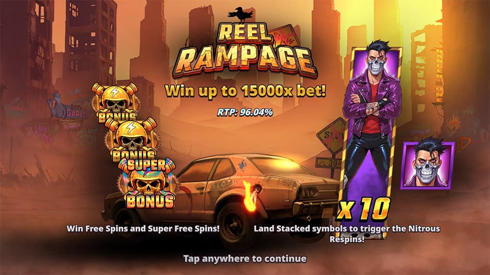 Intro screen with main villain character, Reel Rampage logo, bonus symbolsand features like Free Spins, Super Free Spinsand Nitrous Respins.