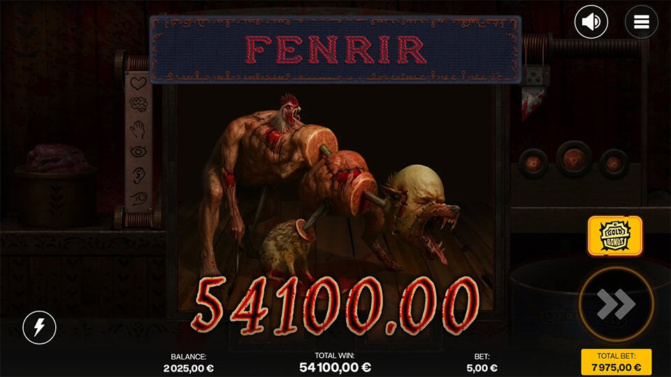 Sew slot Fenrir win screen with grotesque multi-headed creature and big win displayed in red numbers.