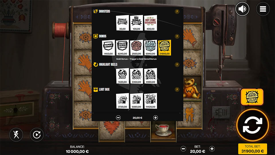 Sew slot bonus buy menu with options for boosters, super bonus, gold bonus, highlight reels and loot box displayed over reel background.