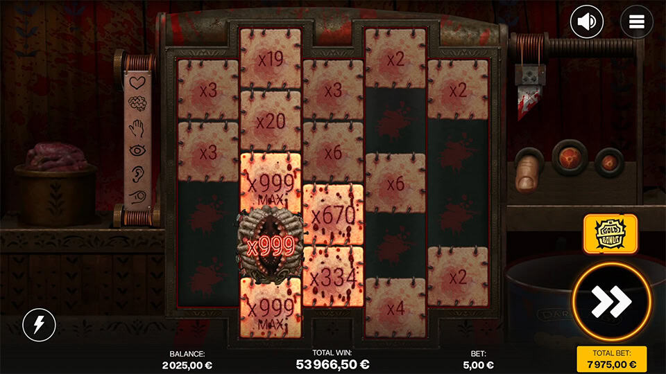 Sew slot collector feature with stitched body part multipliers, showing x999 max win symbol glowing on the reels.