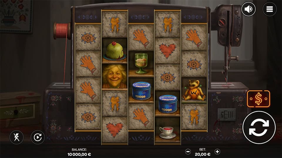 Sew slot grid with stitched fabric symbols and a sewing machine beside the reels, showing player balance, bet and spin button.