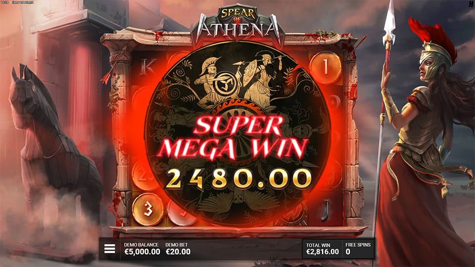 Super Mega Win screen with glowing red circle, Greek battle design and dramatic win text.