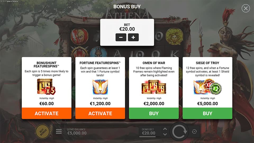 Spear of Athena bonus buy menu offering different feature spins and free spins modes with volatility levels.