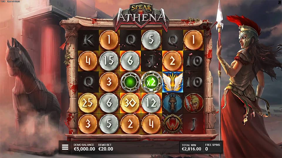 Bonus round with coins, multipliers and fortune symbol revealing a x2 boost on the battlefield reels.