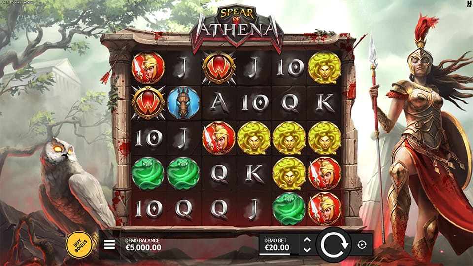 Reels featuring Athena, owl, Medusa, warriors and weapon symbols framed in a blood-stained stone grid.