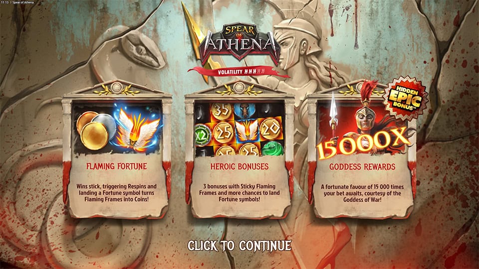Spear of Athena intro showing feature highlights, including Flaming Fortune, Heroic Bonuses and 15,000x max win.