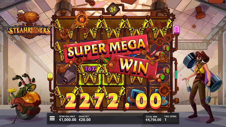 Steamrunners super mega win banner with gears, multipliers and animated characters.
