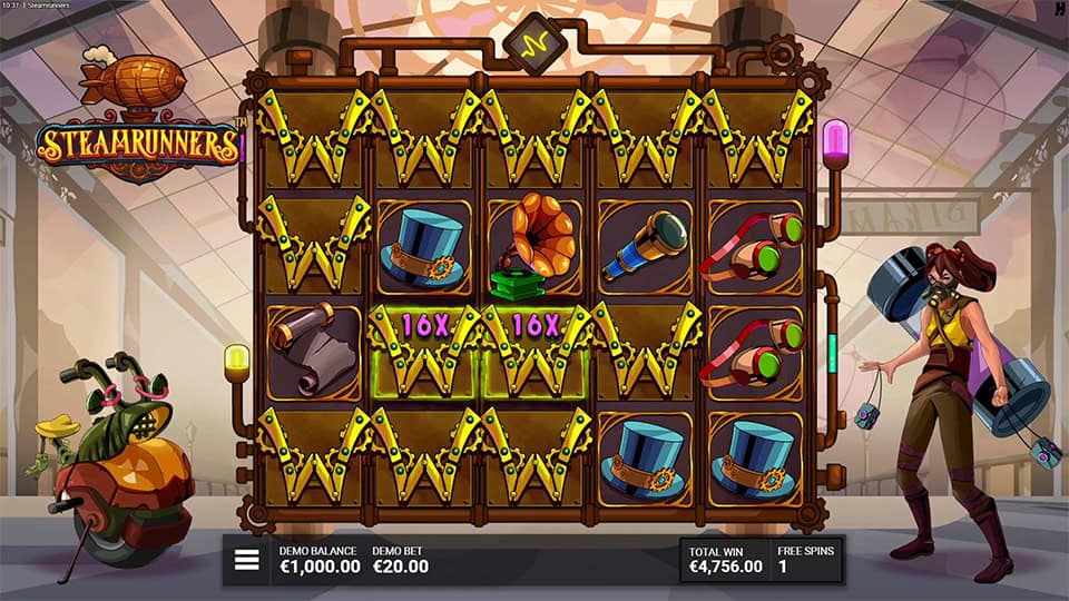 Steamrunners reels filled with glowing wild multipliers from gas canister symbols.