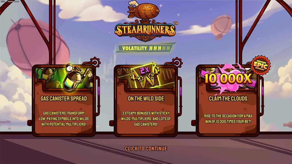 Steamrunners intro showing gas canisters, wild multipliers and max win of 10,000x.