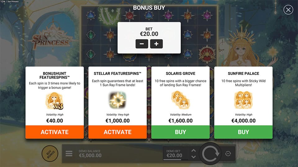 Bonus buy menu offering multiple feature options including Bonus Hunt, Stellar FeatureSpins, Solaris Grove and Sunfire Palace, each with unique enhancements.