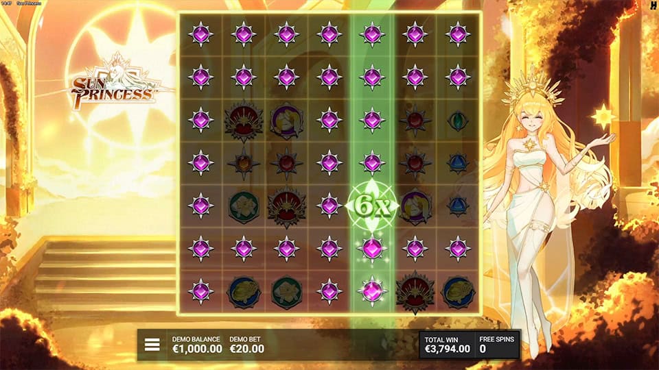 Gameplay showing Sun Ray frames spreading across the grid, transforming adjacent symbols and triggering cluster wins with a highlighted multiplier.
