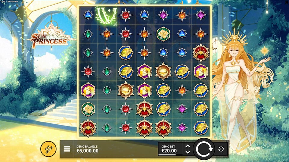 Main game screen with a golden temple background, reels filled with colorful gems and symbols and the princess standing to the side.