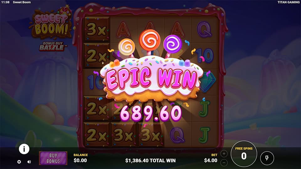 Epic Win screen with candy lollipops and frosting background displaying a payout of 689.60 in bright pink letters.