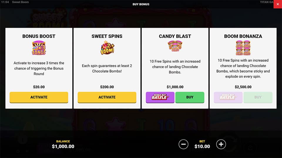 Bonus buy menu offering Bonus Boost, Sweet Spins, Candy Blast and Boom Bonanza with different free spins and bomb features.