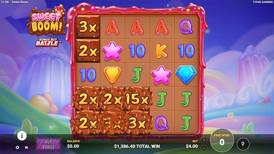 Gameplay showing exploding chocolate bombs revealing multipliers like 2x, 3x and 15x on the reels.