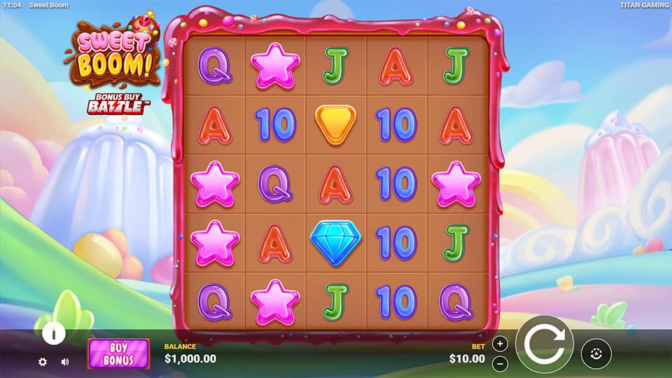 Base game reels of Sweet Boom featuring candy-shaped symbols and bright sugary visuals with chocolate borders.