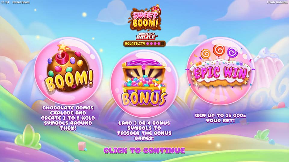 Sweet Boom intro screen showcasing Chocolate Bombs, Bonus triggers and max win up to 15,000x your bet.