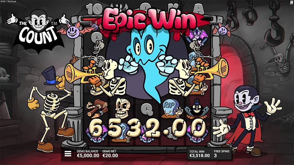 Epic Win banner with a ghost and skeleton band playing instruments, alongside bats and The Count character celebrating in a dungeon-like setting.