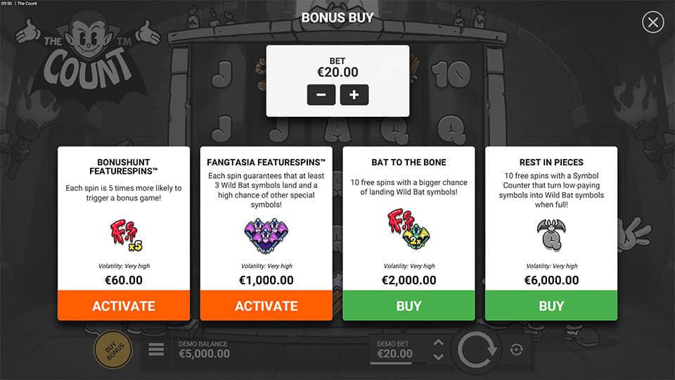Bonus buy menu offering different feature spins such as Bonus Hunt, Fangtasia FeatureSpins, Bat to the Bone and Rest in Pieces, each with unique modifiers.