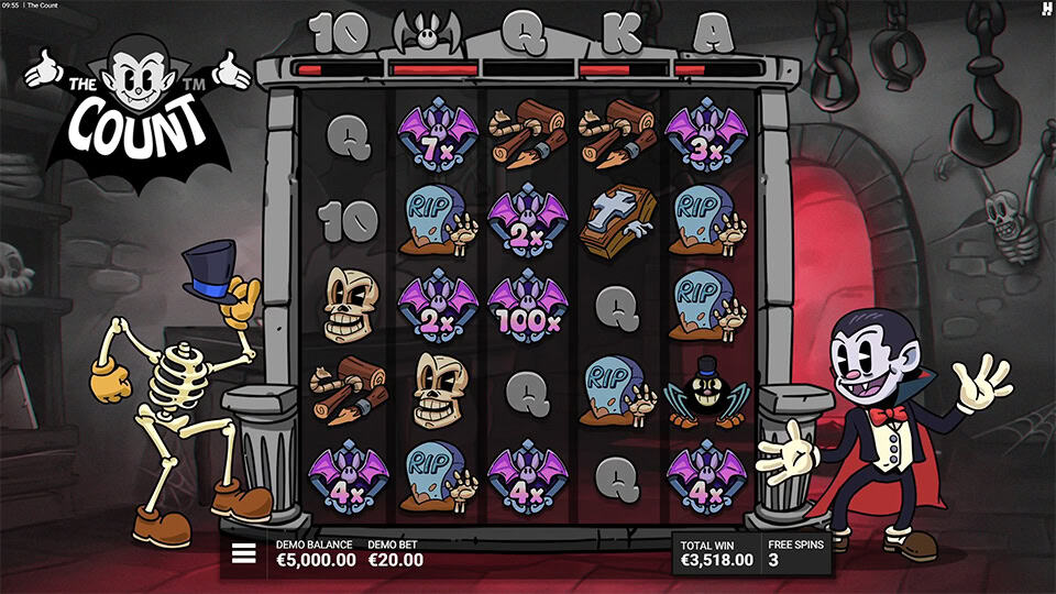 Gameplay showing multiple Wild Bat symbols with multiplier values spread across the reels, next to The Count and the animated skeleton.