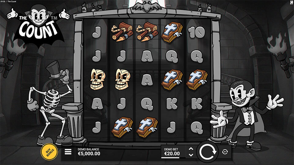 Main game reels in a spooky cartoon crypt with skeleton and vampire characters on each side, featuring coffins, skulls and book symbols.