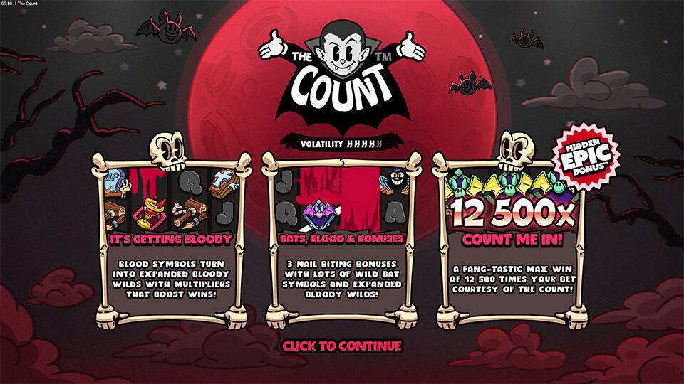 Intro screen highlighting main features: Bloody Wild multipliers, Wild Bat bonus rounds and max win potential, all under a glowing red moon with bats flying around.