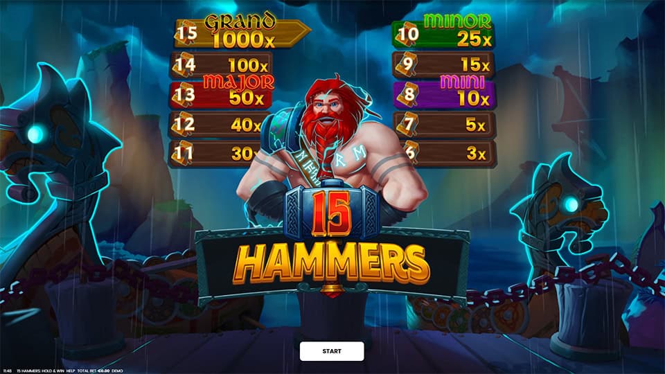 15 Hammers Hold Win slot intro screen