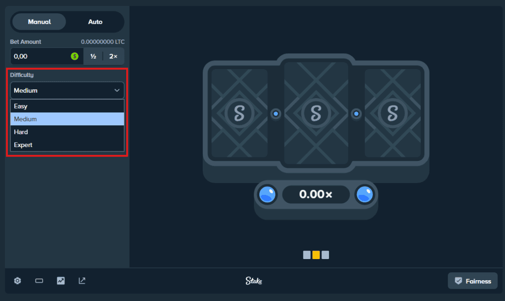 Game interface on Stake with difficulty options displayed