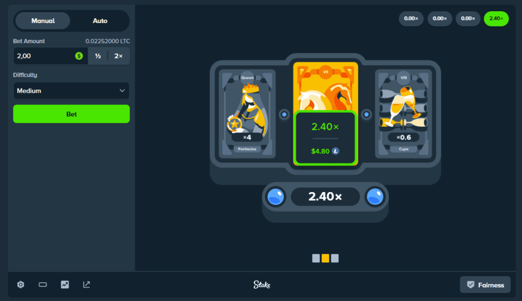 Online betting interface with tarot cards on Stake