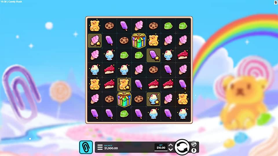 Candy Rush base game with colorful candies, gummy bears, cupcakes, and sweets on a vibrant grid.