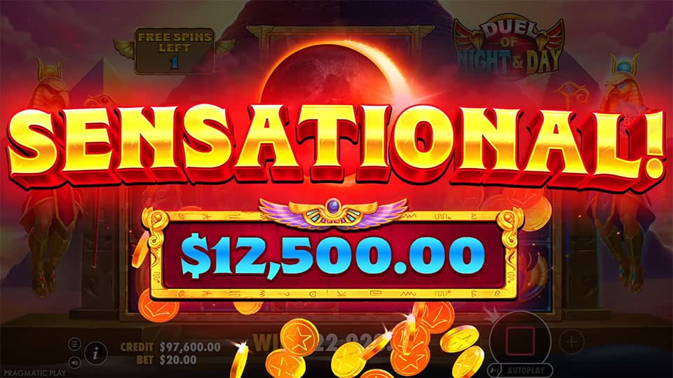 Sensational win screen in Duel of Night & Day slot, with coins flying and a blazing eclipse background.
