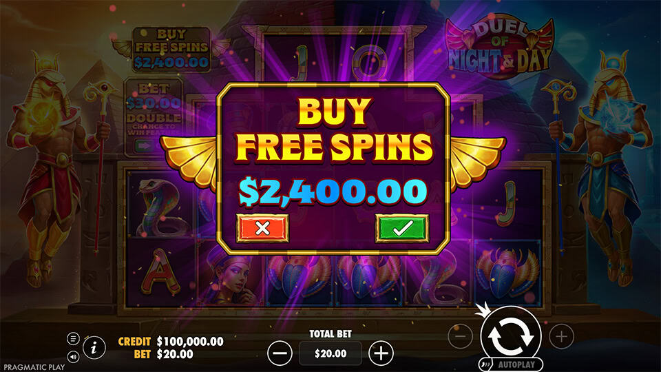 Free spins purchase option on Duel of Night & Day slot displayed with a glowing purple confirmation window.