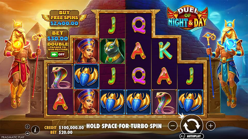 Duel of Night & Day base game screen with pyramid-shaped reels and colorful Egyptian-themed symbols.