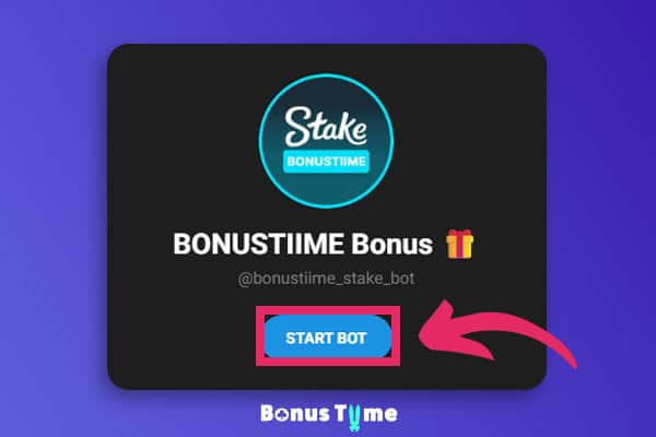 Telegram interface showing the official BonusTiime Stake bot with the “Start Bot” button highlighted.