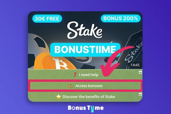 Telegram view of the BonusTiime Stake bot with the “Access bonuses” button highlighted.
