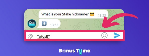 Step where the BonusTiime Stake bot asks for the user’s Stake username.