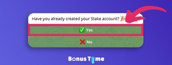 Telegram interface where users confirm by clicking “Yes” to continue the Stake bonus procedure.