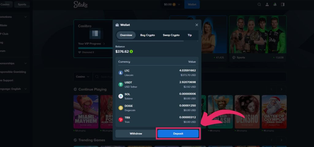 Stake deposit screen listing supported cryptocurrencies