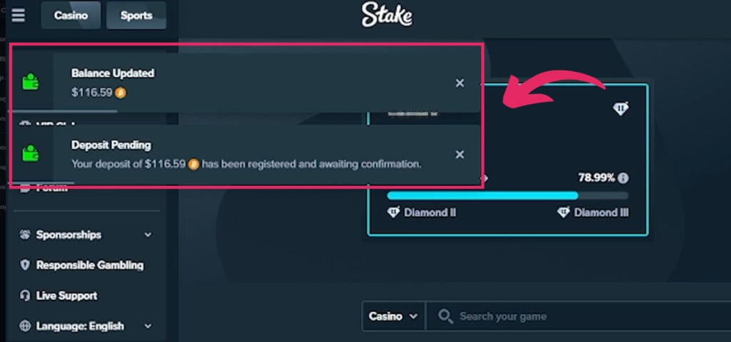 Stake wallet balance showing confirmed crypto deposit