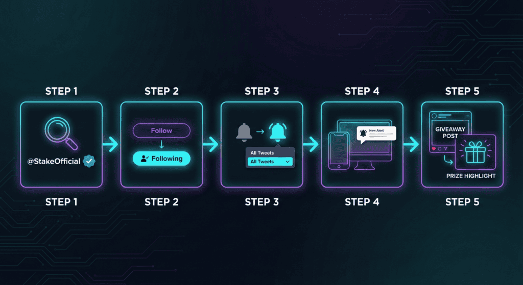 Five-step flowchart showing verification, following, enabling notifications, and claiming Twitter giveaways.