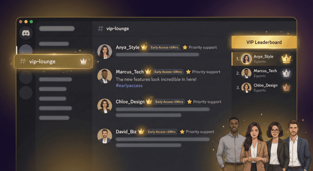 Luxurious VIP lounge illustration featuring exclusive channels, special badges, early access, and networking.