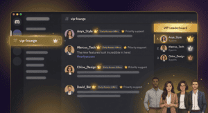 Luxurious VIP lounge illustration featuring exclusive channels, special badges, early access, and networking.