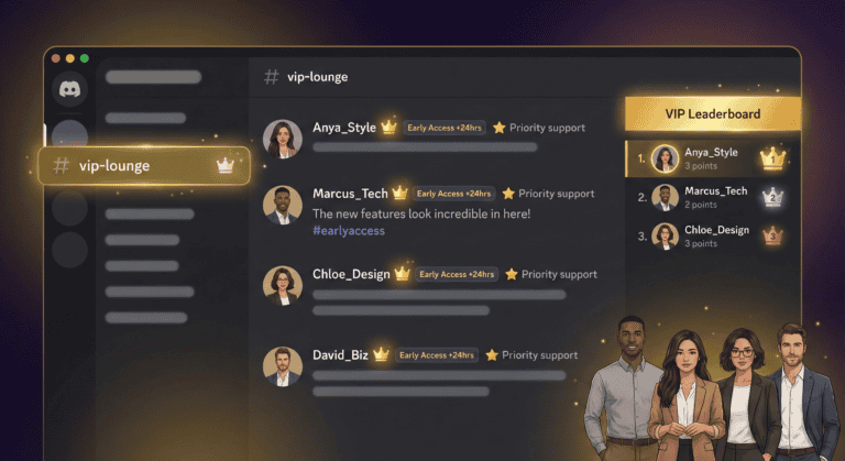 Luxurious VIP lounge illustration featuring exclusive channels, special badges, early access, and networking.