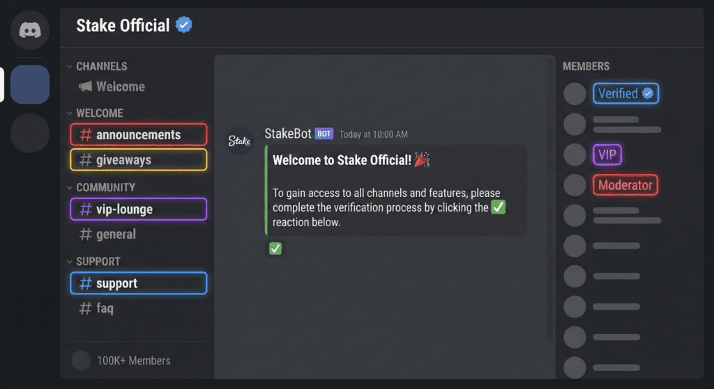 Discord server mockup displaying organized channels, verification badge, and 100K+ member count.
